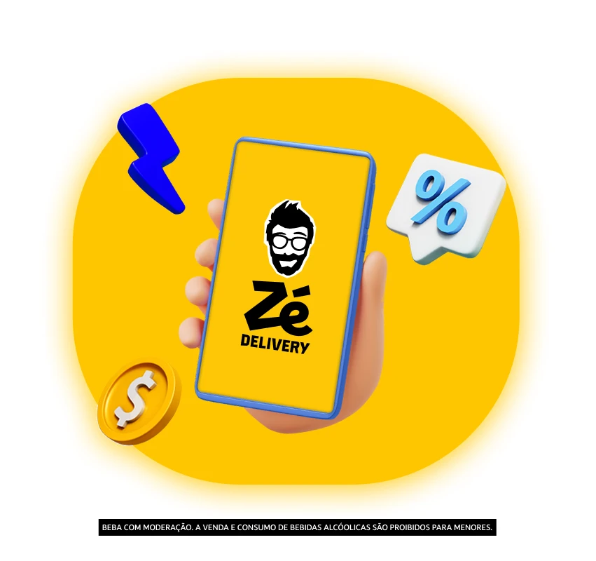 Montagem traz smartphone com logotipo do Zé Delivery, raio azul, cifrão e símbolo de porcentagem.